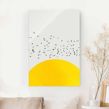 Tableau en verre - Flock Of Birds In Front Of Yellow Sun