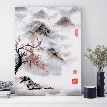 Tableau en verre - Japanese Watercolour Drawing Cherry Tree And Mountains