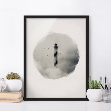 Poster encadré - WaterColours - Lighthouse In The Fog