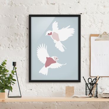 Poster encadré - Line Art Pigeons Pastel
