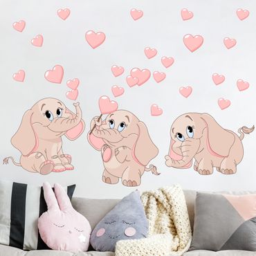 Sticker mural - Three pink elephant babies with hearts