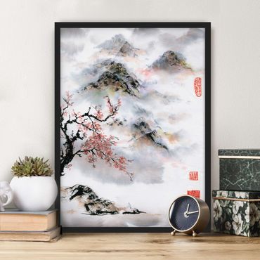 Poster encadré - Japanese Watercolour Drawing Cherry Tree And Mountains
