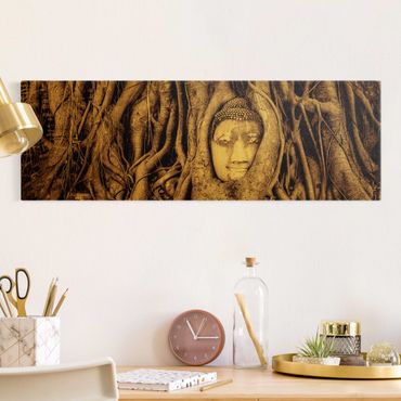 Tableau sur toile or - Buddha in Ayuttaya Framed By Tree Roots In Brown