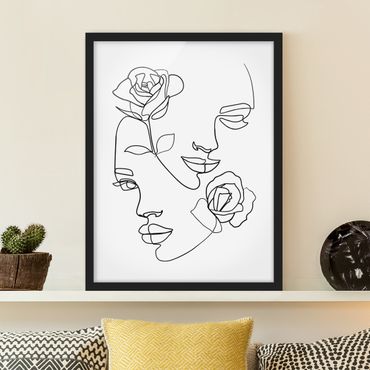 Poster encadré - Line Art Faces Women Roses Black And White