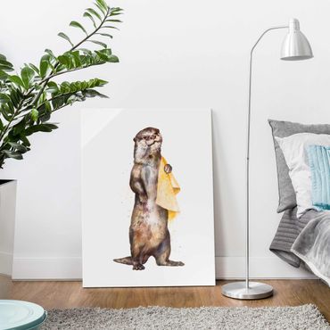 Tableau en verre - Illustration Otter With Towel Painting White