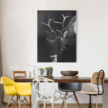 Tableau sur toile - Illustration Deer And Rabbit Black And White Drawing