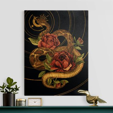 Tableau sur toile or - Snake With Roses Black And Gold I