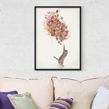 Poster encadré - Illustration Cat With Colourful Butterflies Painting