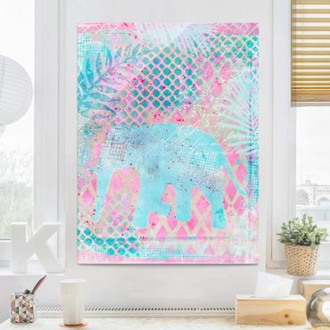 Tableau en verre - Colourful Collage - Elephant In Blue And Pink