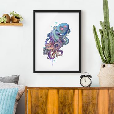 Poster encadré - Illustration Octopus Violet Turquoise Painting
