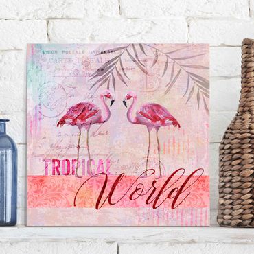 Tableau en verre - Vintage Collage - Tropical World Flamingos