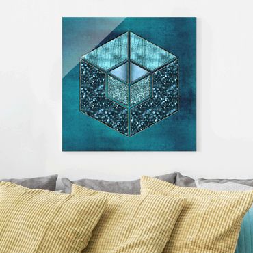 Tableau en verre - Blue Hexagon With Golden Contour