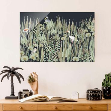 Glass print - Flamingo And Stork With Plants On Green