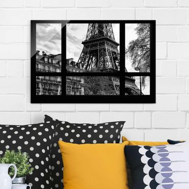Tableau en verre - Window view Paris - Near the Eiffel Tower black and white