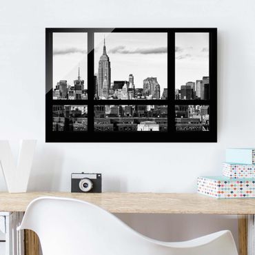 Tableau en verre - Window Manhattan Skyline black-white