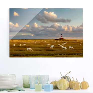 Tableau en verre - North Sea Lighthouse With Flock Of Sheep