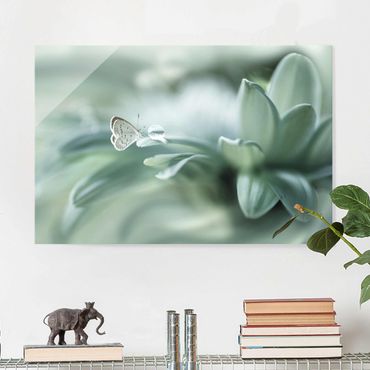 Tableau en verre - Butterfly And Dew Drops In Pastel Green