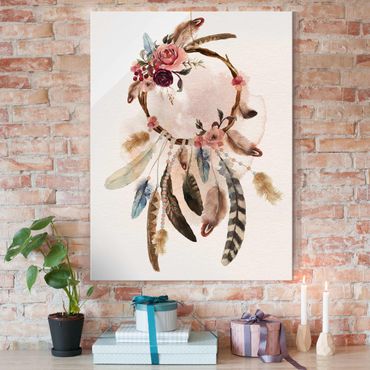 Tableau en verre - Dream Catcher With Roses And Feathers