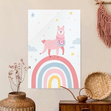 Glass print - Lama On Rainbow With Stars And Dots