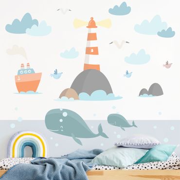 Sticker mural - Lighthouse and whales