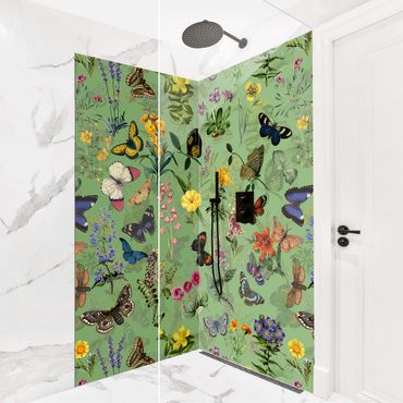 Revêtement mural de douche - Butterflies With Flowers On Green