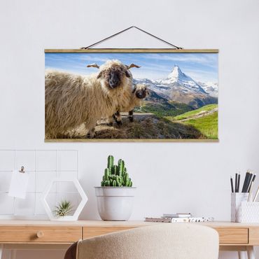 Tableau en tissu avec porte-affiche - Blacknose Sheep Of Zermatt - Format paysage 2:1