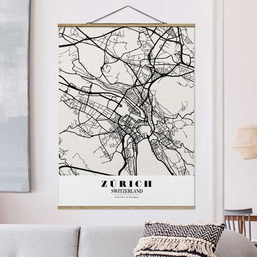 Tableau en tissu avec porte-affiche - Zurich City Map - Classic