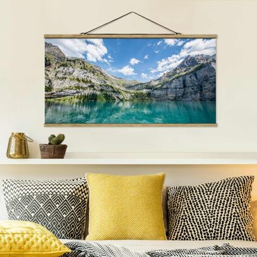 Tableau en tissu avec porte-affiche - Divine Mountain Lake - Format paysage 2:1