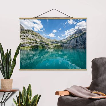 Tableau en tissu avec porte-affiche - Divine Mountain Lake - Format paysage 4:3