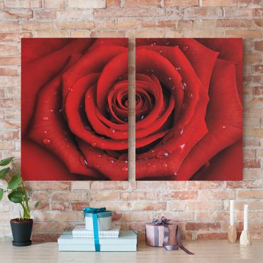 Impression sur toile 2 parties - Red Rose With Water Drops