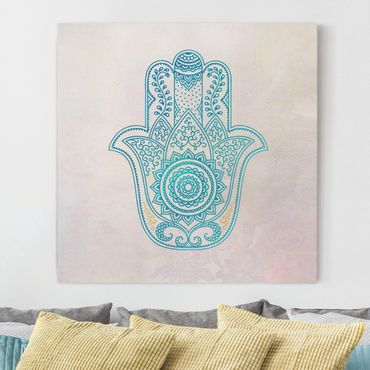 Impression sur toile - Hamsa Hand Illustration Mandala Gold Blue