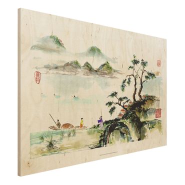Impression sur bois - Japanese Watercolour Drawing Lake And Mountains