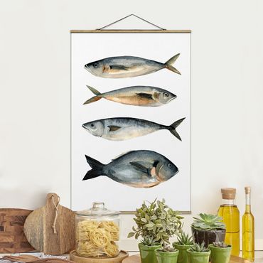 Tableau en tissu avec porte-affiche - Four Fish In Watercolour I