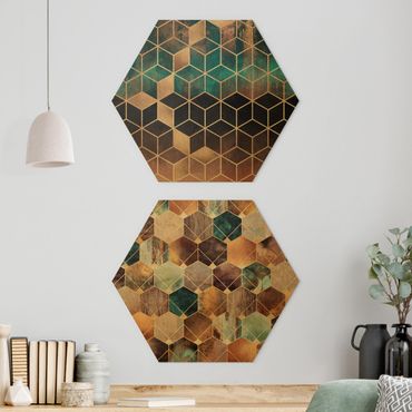 Hexagone en alu Dibond - Turquoise Geometry Golden Art Deco Set