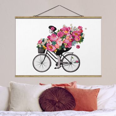 Tableau en tissu avec porte-affiche - Illustration Woman On Bicycle Collage Colourful Flowers