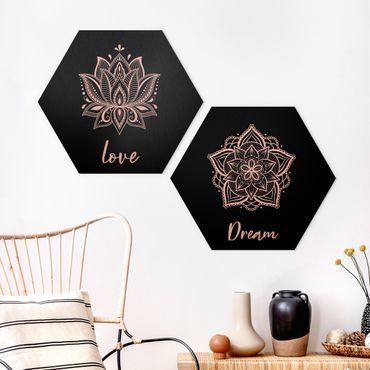 Hexagone en alu Dibond - Mandala Dream Love Set Black