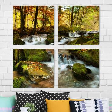 Impression sur toile 4 parties - Waterfall Autumnal Forest