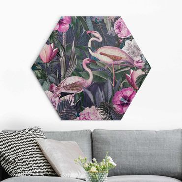 Hexagone en alu Dibond - Colourful Collage - Pink Flamingos In The Jungle