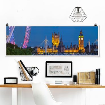 Poster panoramique architecture & skyline - Big Ben And Westminster Palace In London At Night