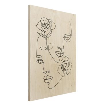 Impression sur bois - Line Art Faces Women Roses Black And White
