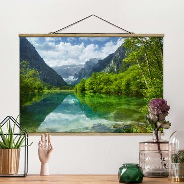 Tableau en tissu avec porte-affiche - Mountain Lake With Water Reflection