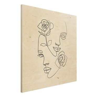 Impression sur bois - Line Art Faces Women Roses Black And White