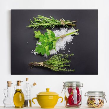 Impression sur toile - Herbs On Salt Black Backdrop