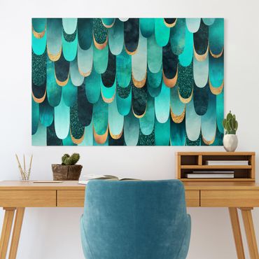Tableau sur toile - Feathers Gold Turquoise