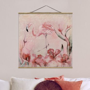 Tableau en tissu avec porte-affiche - Shabby Chic Collage - Flamingo