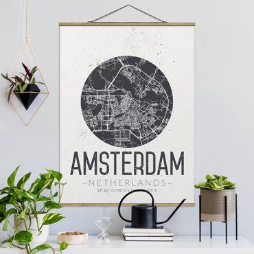 Tableau en tissu avec porte-affiche - Amsterdam City Map - Retro
