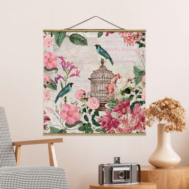Tableau en tissu avec porte-affiche - Shabby Chic Collage - Pink Flowers And Blue Birds