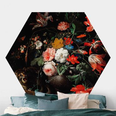 Papier peint hexagonal autocollant avec dessins - Abraham Mignon - The Overturned Bouquet