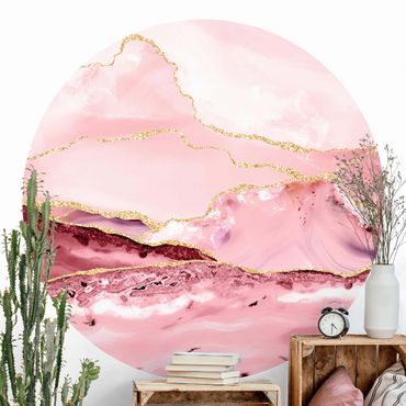 Papier peint rond autocollant - Abstract Mountains Pink With Golden Lines
