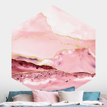 Papier peint panoramique hexagonal autocollant - Abstract Mountains Pink With Golden Lines